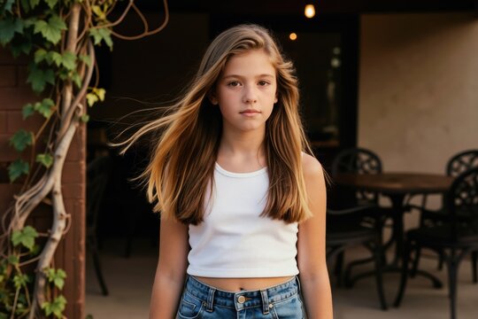 Young girl poses outdoors near building with green plants. Preteen Caucasian model wears casual clothes. Sunlight illuminates face, natural beauty. Looks directly at camera with calm expression.