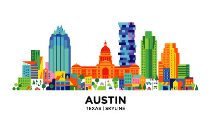 Fototapeta premium Vibrant Austin Texas city skyline illustration with colorful buildings and modern architecture