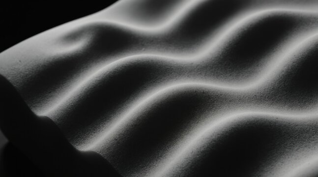 Grey foam waves in macro view. Soft texture creates abstract light play. Material has subtle pattern for backgrounds. Visco elastic surface forms gentle undulations.