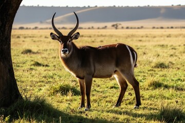 Obraz premium Waterbuck antelope stands alert in grassy savanna field at sunrise. Male animal with curved horns is on safari in its natural habitat. Wildlife gazes forward on sunlit plain.