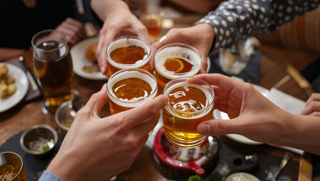 クラフトビールで気軽に乾杯する日本人のカジュアルな飲み物写真