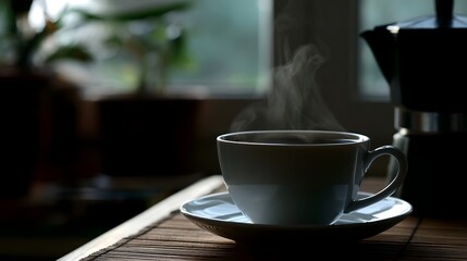 Fototapeta premium A steaming white ceramic cup rests on a wooden surface evoking a cozy and relaxing morning routine