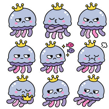 Cute Jealous Jellyfish King Character Set, Kawaii Royal Sea Animal Doodle Sticker Collection with Grumpy Expressions