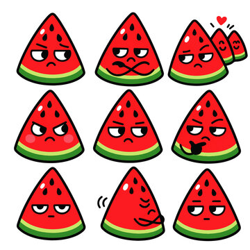 Cute Jealous Watermelon Slice Character Set, Kawaii Grumpy Fruit Doodle Sticker Collection with Moody Expressions