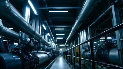 Obraz premium A long corridor of industrial metal pipes runs through a brightly lit factory setting