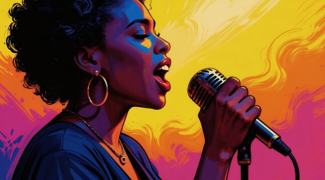 Woman sings into retro microphone with dynamic colorful background. Female vocalist performs jazz music on stage. Black artist with afro hair sings soulful song in club.
