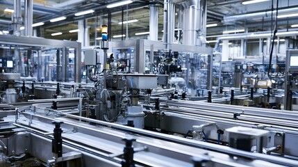 Fototapeta premium An organized view of a modern industrial production line featuring complex metal hinery and bright overhead lighting