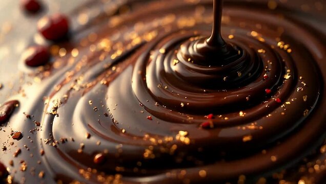 Close up of luxury flowing dark chocolate texture with sparkling golden particles