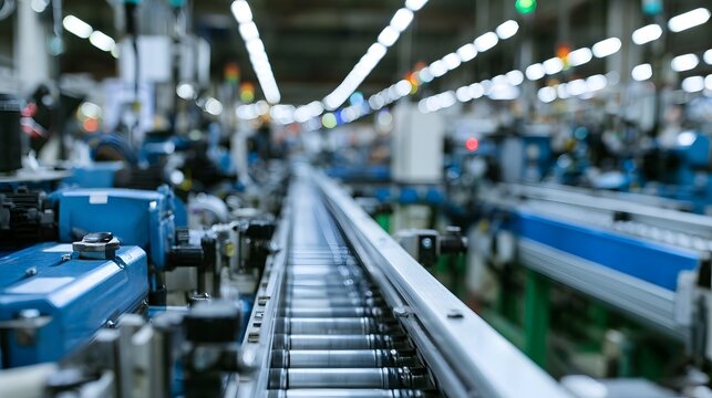 An expansive view down a long brightly lit industrial corridor featuring parallel production lines and modern factory architecture