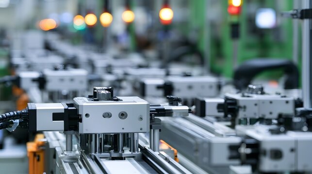 An abstract view of an automated industrial production line with repetitive elements and bright ope nal lighting