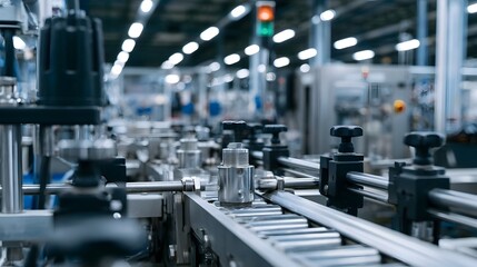 Fototapeta premium A detailed close up of an automated industrial production line featuring metal hinery and bright factory lighting