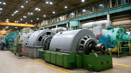 Naklejka premium Close up view of heavy industrial metal hinery and piping components in a large factory setting