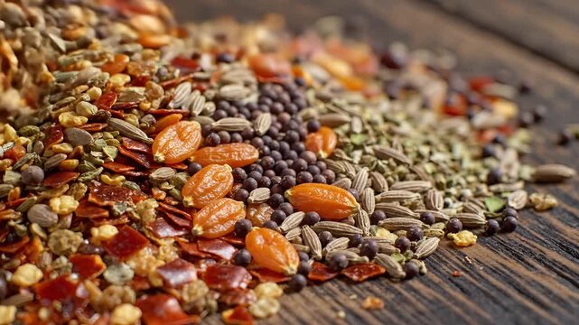 A CloseUp Macro Shot of a Pile of Mixed Dried Spices on a Wooden Surface.