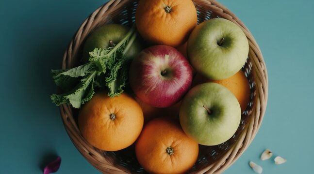 Wicker basket filled with fresh apples, oranges. Green leafy vegetables complement round citrus fruits. Natural produce offers healthy food choices. Organic items ready for preparation. Vibrant