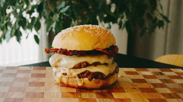 Massive double decker bacon cheeseburger with melted cheese and natural light background. Juicy stacked burger with rich texture and dripping ingredients.