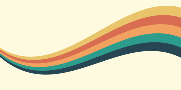 Abstract colorful 70s background vector. Vintage retro wallpaper with rainbow stripes and wavy lines. A 1970 color illustration suitable for posters, banners, decorative items and wall art.