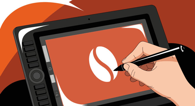 Graphic Artist Sketching Coffee Bean Logo on Digital Tablet