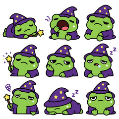 Obraz premium Cute Lazy Wizard Frog Character Set, Kawaii Sleepy Frog Mage Doodle Sticker Illustration