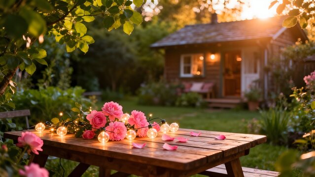Wooden table with pink flowers and string lights in garden