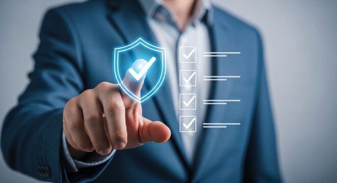 Businessman tapping holographic security shield with checkmark checklist