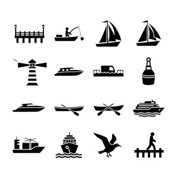 Nautical Icons Set: Boats, Ships, Lighthouse, Pier, Fisherman, Seagull