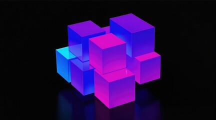 Obraz premium Abstract 3d cubes arranged in cluster. Geometric shapes with neon blue and pink light gradient glow. Minimalist arrangement on black background. Modern digital art.