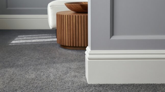 Close up of modern room corner. Gray carpet, white baseboard molding, wooden table, and ottoman. Clean interior design with neutral tones and soft lighting. Sunbeams cast shadows on floor.