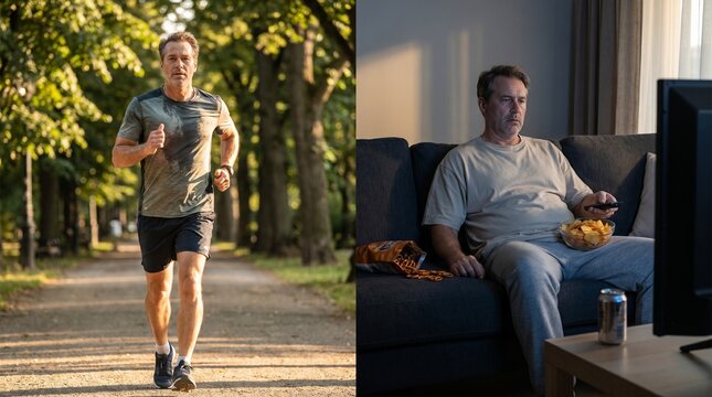 Split screen showing an active man running in a park and a sedentary man resting on a sofa.