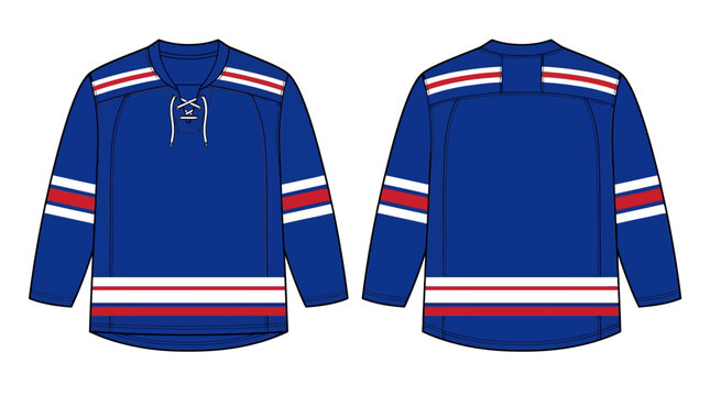 Royal blue hockey jerseys with white and red striped accents and lace-up neckline