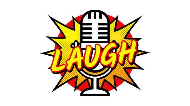 Energetic cartoon microphone design featuring 'LAUGH' text amidst a comic burst for entertainment