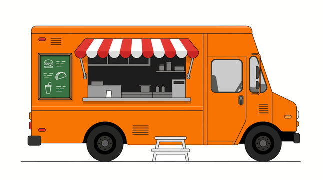 Orange food truck with a chalkboard menu and awning, illustration