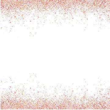 Rose Gold Glitter Border Frame with Sparkling Pink Shimmer Dust on White Background