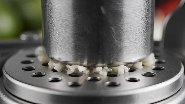 Closeup of a food grinder processing white vegetables into fine shreds.