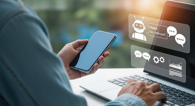 Person using smartphone and laptop with AI chatbot interface for customer support