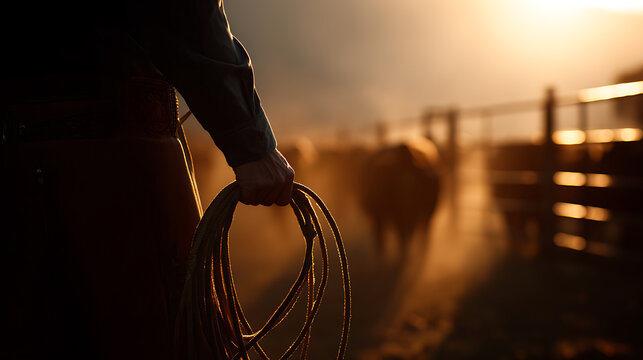 Silhouette of a ranch hand hold rope with cattle moving in dusty pen during golden hour sunset, showing hard work and authentic western life