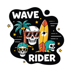 Obraz premium Wave Rider Surfing Themed Skull Illustration with Surfboard and Palm Tree.
