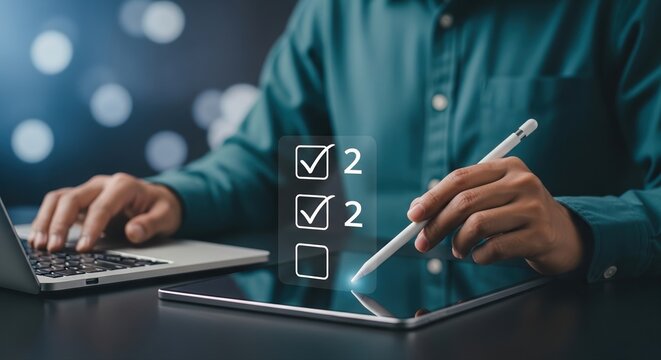 Digital Task Management: Person Checking Checkboxes on Tablet with Laptop Background