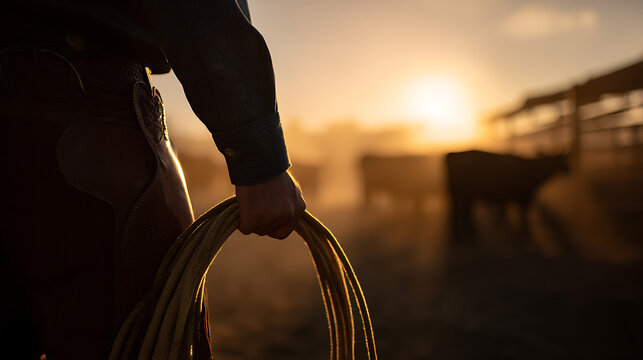 Silhouette of a man in chaps and a long-sleeved shirt, holding a coiled rope at golden hour with livestock and a fence in the background