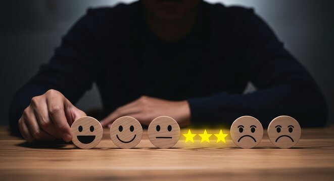Person arranging wooden emoji rating system with stars on table