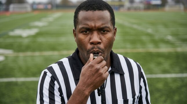 Serious African American male referee in striped uniform blowing whistle on a green football field
