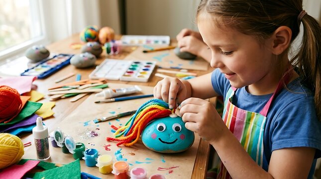 A young girl crafting a colorful rock pet with yarn hair and googly eyes at a table filled with art supplies
