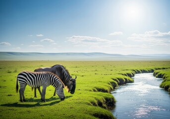 Fototapeta premium A wild zebra and wildebeest stand together eating green grass by a sparkling clear stream under a bright blue sky in the grassy plains, environment, savanna, zebra