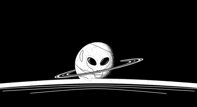 Mysterious extraterrestrial alien peeking from behind a ringed planet in dark cosmic space, monochrome science fiction illustration