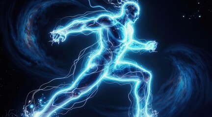 Obraz premium Human body glows with blue electric energy. Sparks fly around figure in motion. Represents vital force, bioelectricity, health, and future tech concepts.