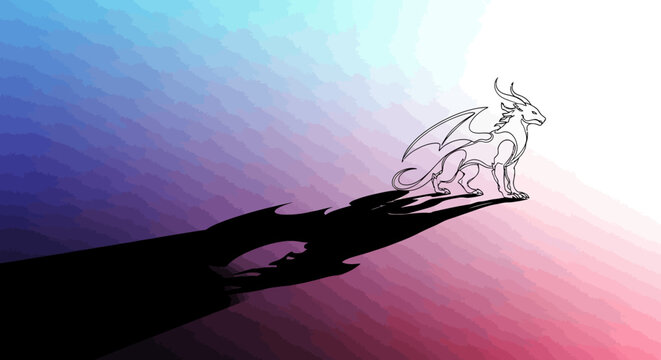 Mythical line art dragon casting a long, sharp shadow on a colorful gradient background, fantasy creature illustration