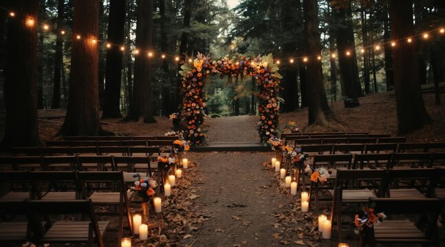 Forest wedding ceremony setup. Wooden chairs arranged on path. Floral arch, candles and string lights create romantic mood for intimate outdoor marriage celebration.