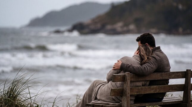 Romantic Couple Sitting Together on a Cold Beach Watching the Ocean &ndash; Cinematic Valentine&rsquo;s Day Coastal Lifestyle With Cozy Winter Clothing, Emotional Intimacy and Calm Romantic Atmosphere
