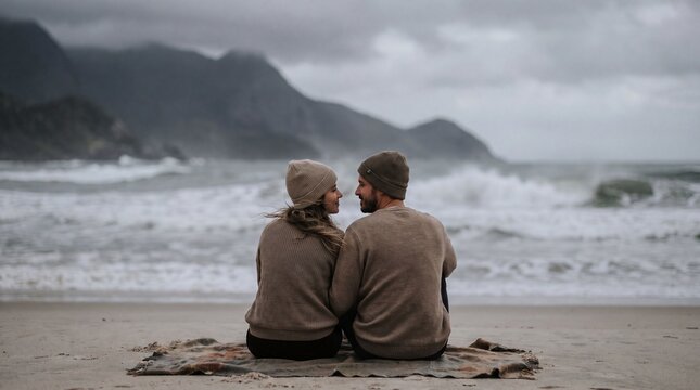 Romantic Couple Sitting Together on a Cold Beach Watching the Ocean &ndash; Cinematic Valentine&rsquo;s Day Coastal Lifestyle With Cozy Winter Clothing, Emotional Intimacy and Calm Romantic Atmosphere
