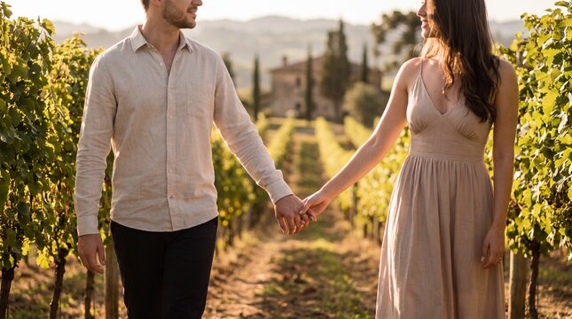 Romantic Couple Walking Through a Vineyard During Golden Hour &ndash; Elegant Valentine&rsquo;s Day Travel Lifestyle With Wine Country Atmosphere, Cinematic Countryside Scenery and Authentic Emotional Connection

