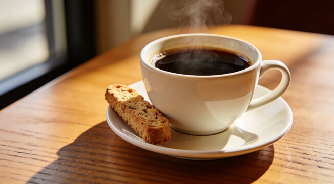 Hot Black Coffee in a White Cup and Saucer Served with a Biscuit on a Rustic Wooden Table, Morning Beverage and Cafe Lifestyle Concept for Drinks, Food Photography, and Lifestyle Design